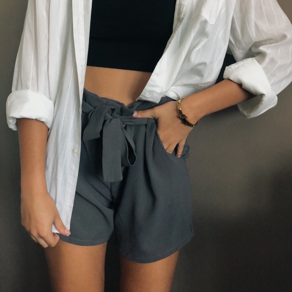 grey tie front paper bag shorts